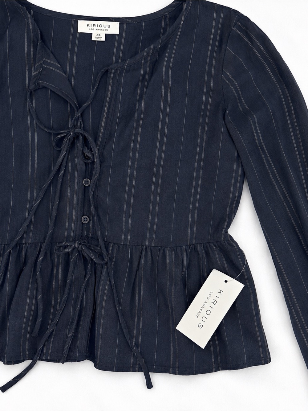 Kirious Navy Pinstripe Tie-Front Peplum Blouse Fits like Medium and Large - Picture 2 of 6